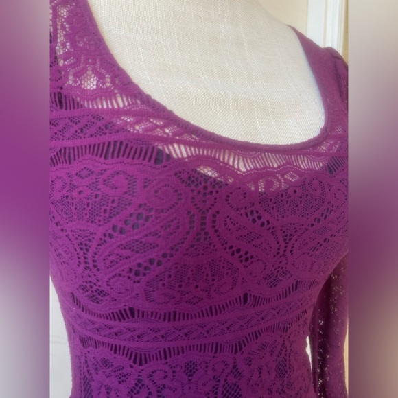 y2k free people magenta mesh & lace fit & flare long sleeve dress sz. xs - Picture 2 of 16